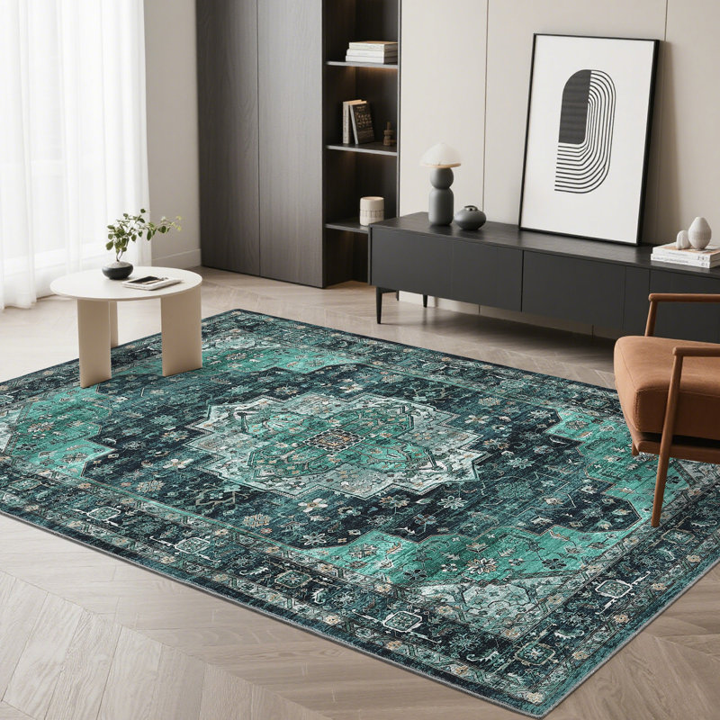 Machine Washable Area Rug Vintage Area Rugs Non Slip Backing Distressed Carpet for Living Room Kitchen Entryway, Teal