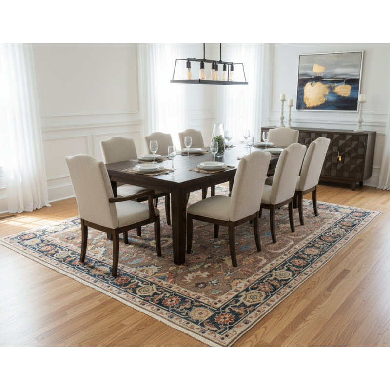 Tapis traditionnel en laine noué à la main brun et bleu Oushak - motif à médaillon floral classique avec bordure bleu marine, tapis de style oriental rétro