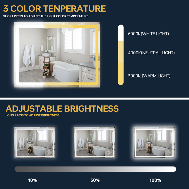 Miroir de salle de bain / meuble-lavabo lumineux sans cadre à DEL avec luminosité réglable, fonction mémoire, anti-buée