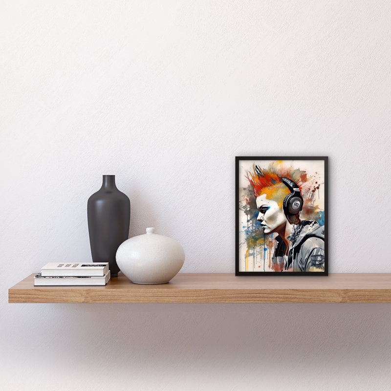 Edgy Young Punk Woman With Red Mohawk And Headphones Listening To Music - Single Picture Frame Print