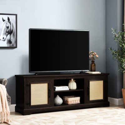 Console de télévision avec l 65 po x P 15,51 po x H 24 po et portes naturelles, pour téléviseurs jusqu'à 70 po, 2 tablettes de rangement,