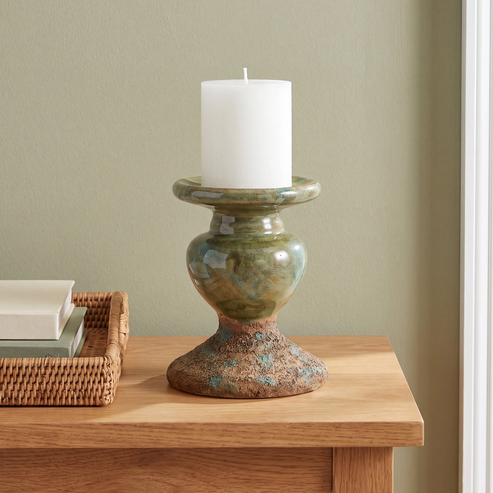 Waikiki Earthenware Tabletop Candlestick, Distressed Green, 6.5" H x 5.5" W x 5.5" D