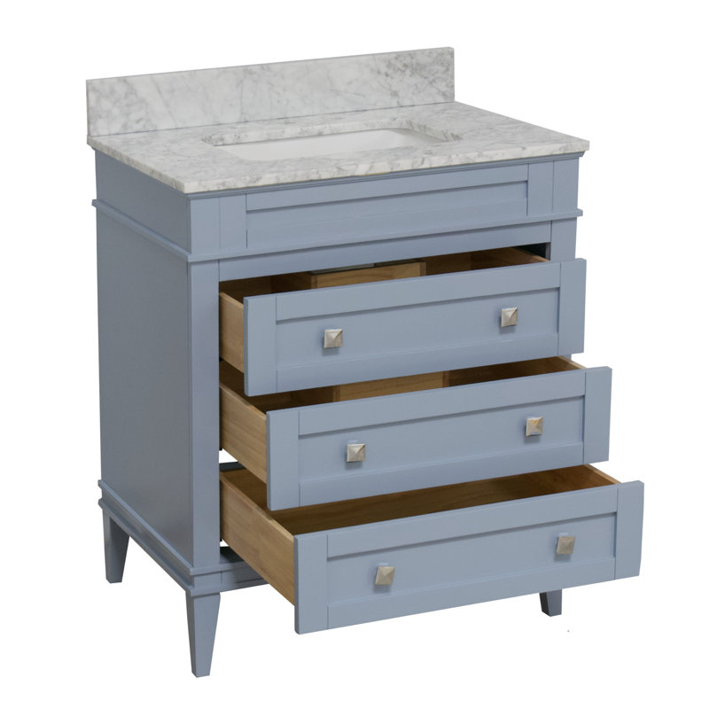 Frankfurt 30" Single Bathroom Vanity Set with Powder Blue Cabinet and Carrara Marble Countertop, Carrara Marble, Powder Blue