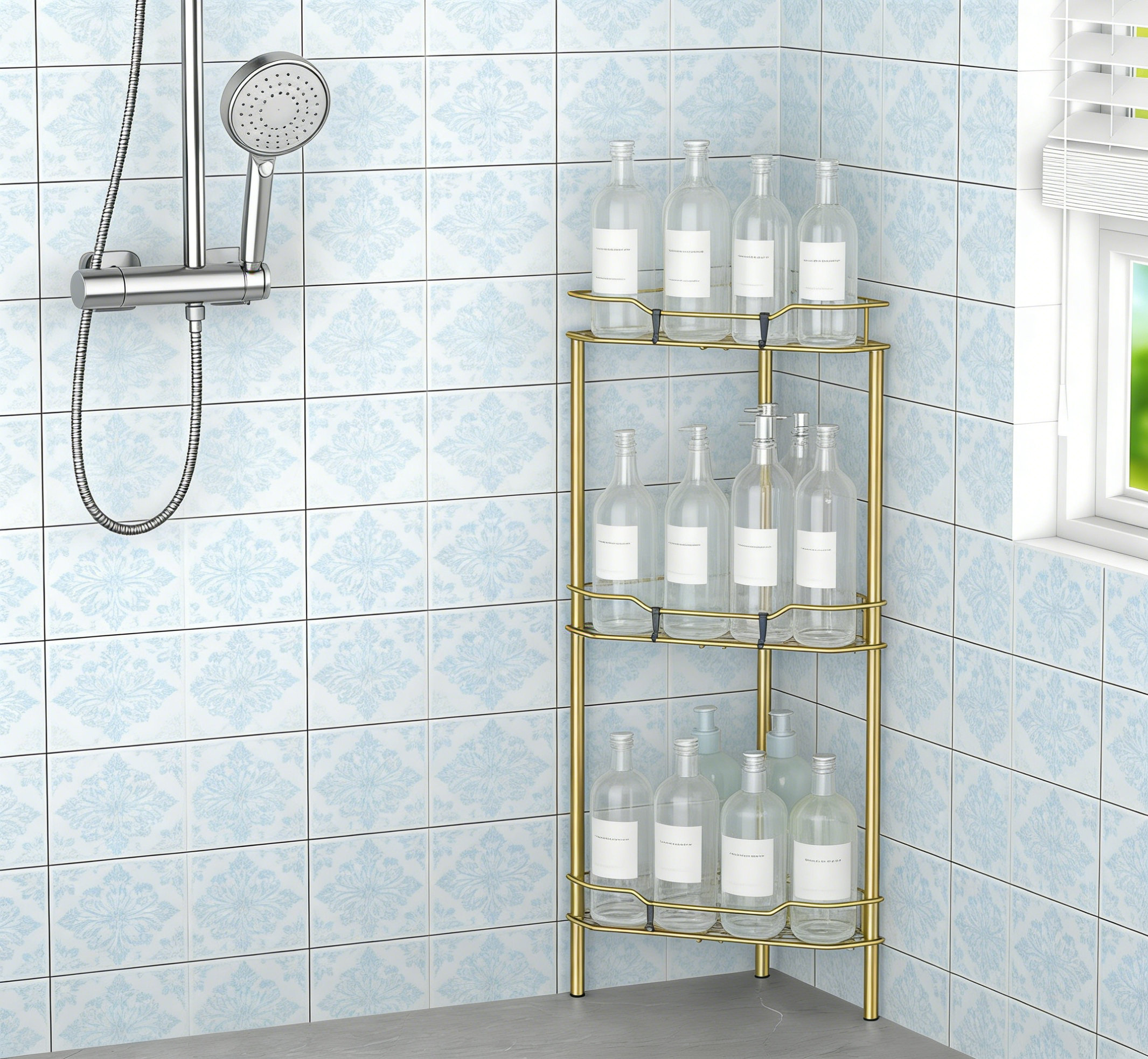 3 Tier Floor Standing Corner Shower Caddy Organizer Shelf With Hooks - 30.51" H x 9.44" W x 14.17" D