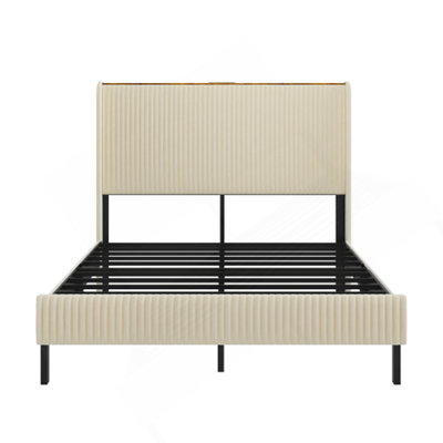 Lit plateforme grand, cadre de lit en métal avec station de charge, aucun sommier nécessaire (beige), silencieux, facile à assembler.