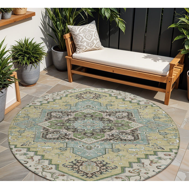 Tapis rond 8 po beige et vert