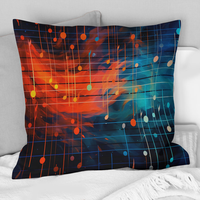 Vagues de notes de musique en orange et bleu rétro I - coussin décoratif imprimé de musique