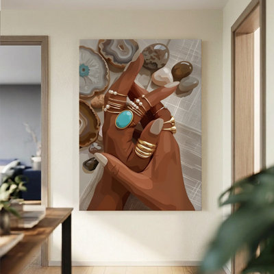 1Pc Framed Wall Art Hands adorned with rings and gemstones, surrounded by agate slices, Digital illustration art style. Canvas Poster Paintings Ideal Gift For Living Room Bedroom Corridor Wall Decor Room Decoration Ready to Hang，2D Flat