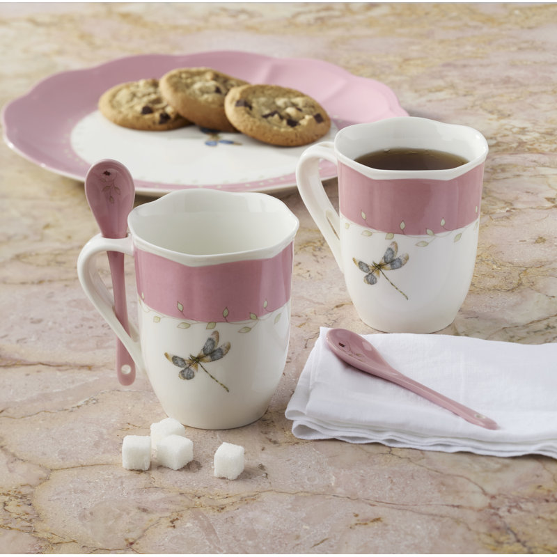 Ensemble de 2 tasses Lenox Butterfly Meadow rose avec cuillères