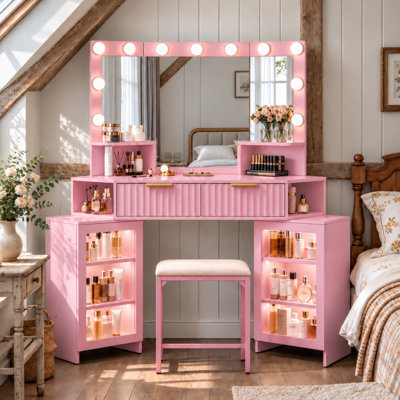 Dressing Table with Motion Sensor 3-colour lighting, Charging Socket and Stool