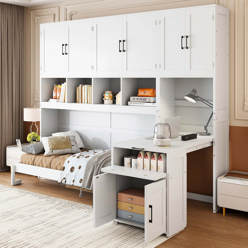 Lit escamotable simple simple avec placard, tiroirs et bureau, blanc