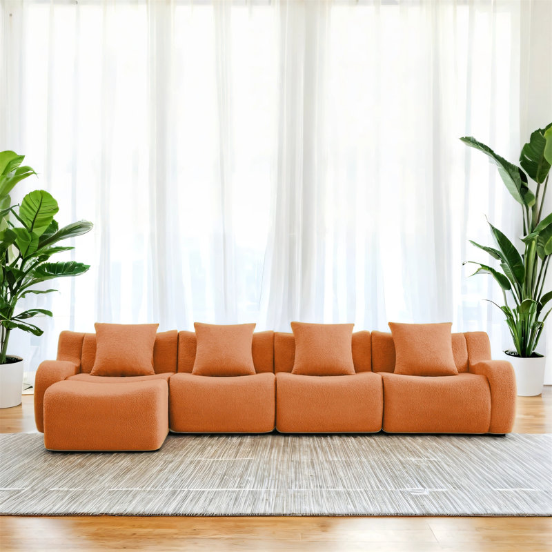 Canapé en forme de L à 4 places avec tissu, Orange moelleux