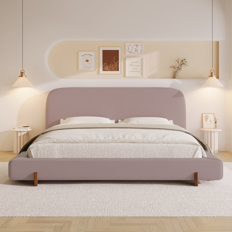 Maren Modern Upholstered Platform Bed With Solid Wood Legs And Thick Frame Design, King, Pink