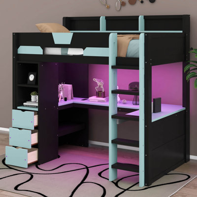Lit mezzanine en bois avec bureau en U, lumières DEL RVB et ports USB, lit mezzanine avec 3 tiroirs et tablettes de rangement