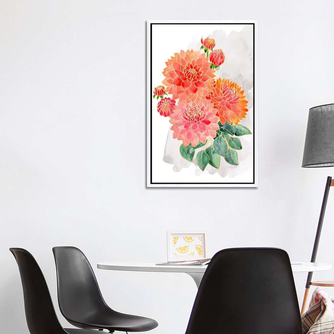 Pacey Dahlien Bouquet In Coral Watercolor von Blursbyai - Galerie-verpackt Leinwand Giclée auf Leinwand