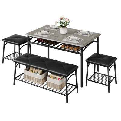 Ensemble table et chaises de salle à manger pour 4 personnes, ensemble table de cuisine avec structure en métal, banc et tabourets rembourrés, ensemble de salle à manger 4 pièces avec étagères de rangement pour la cuisine