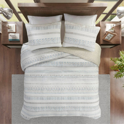 Ensemble de courtepointe en microfibre imprimé 3 pièces taupe / bleu double / grand