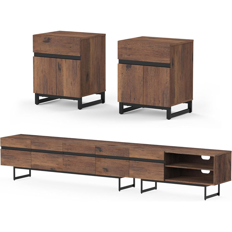 Ensemble de table de salon moderne 3 pièces Nellie, meuble télé de 113 pouces avec armoire de rangement et 2 tables de bout avec tiroirs pour le salon, meuble télé, console de télévision