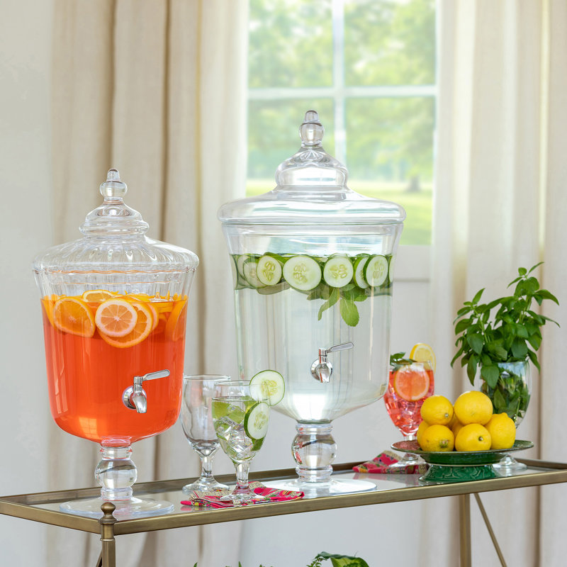 Clear Glass Pedestal Beverage Dispenser with Finial Lid