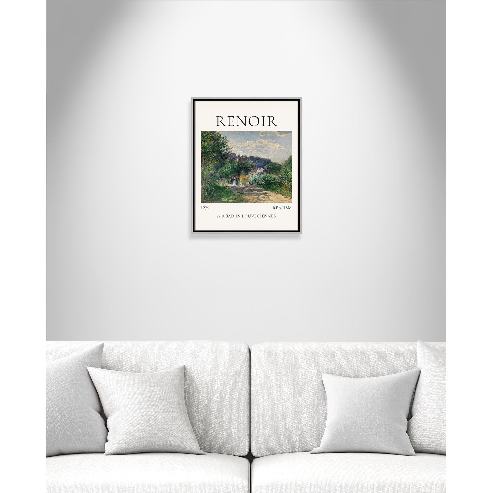 Old Masters Collection " A Road In Louveciennes " by Auguste Renoir, Silver Floater Frame, 21.5" H x 17.5" W x 2" D, No