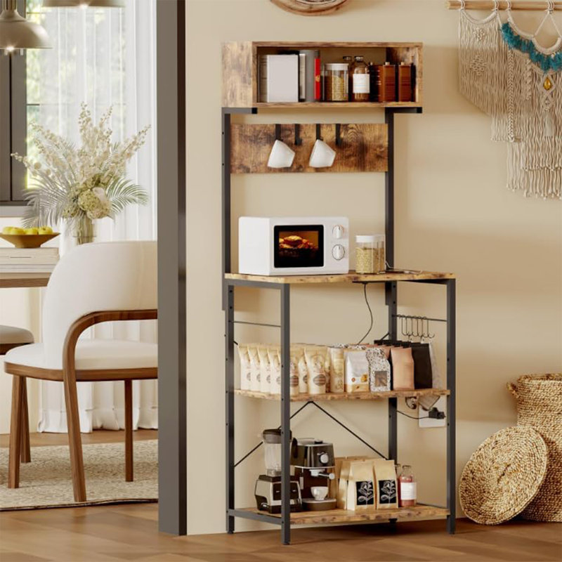 Étagère Bakers avec prise de courant, support pour micro-ondes avec ports USB et CA, station de café à plusieurs niveaux avec 10 crochets et tablette réglable pour le rangement de la cuisine