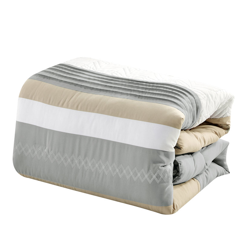 7 Pieces Embroidered Comforter Set Modern Color Block Patchwork Bed in A Bag, Queen Comforter + 6 Additional Pieces