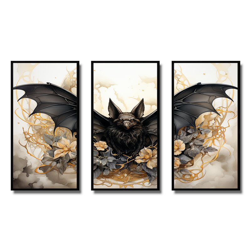Silhouette de chauve-souris minimaliste, H 28 po x l 36 po x P 1 po, Cadre flottant noir