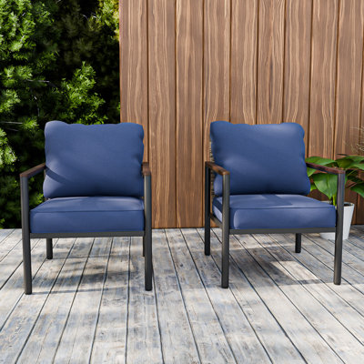 Outdoor Patio Metal Frame Wicker Backrest Wood Grain Armrest Dining Chair with Cushions (Set of 2)