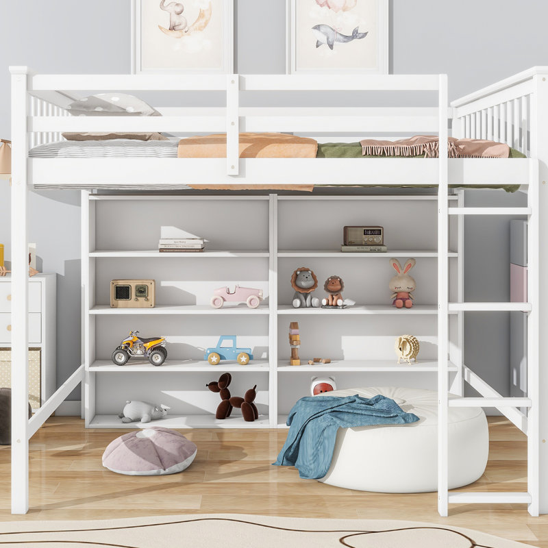 Lit mezzanine avec 8 tablettes ouvertes, blanc, Blanc