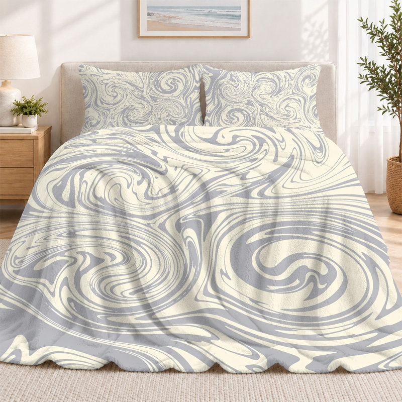 Premium Flannel Lightweight Blanket & 2 Pillow Shams Set with Abstract Gray & Cream Marble Swirls, Ultra-Soft & Warm Cozy Bedding Set for All-Season, 60" x 80" Blanket + 2 Pillowcases Anti-Pilling & Machine Washable(Set of 3)