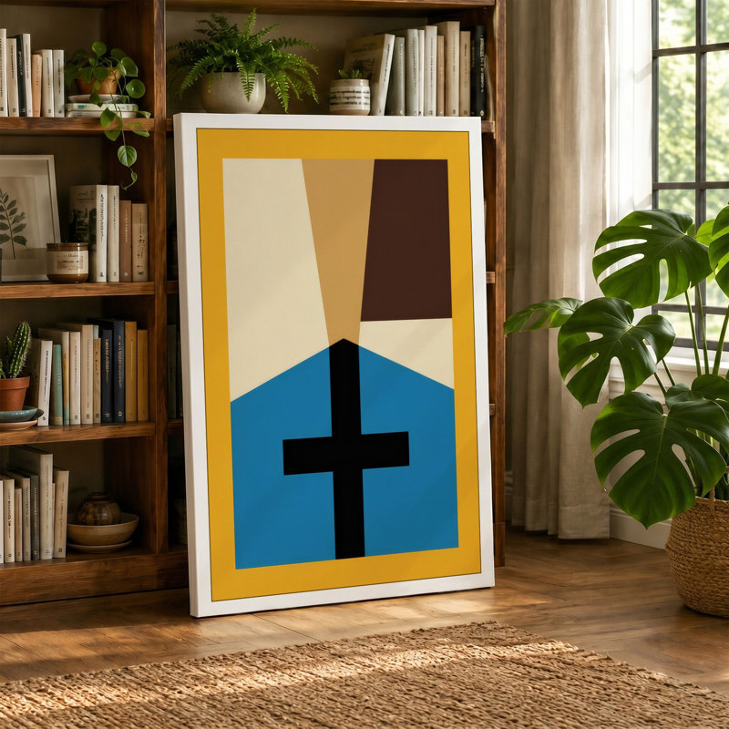 House With Cross Geometric - Wrapped Canvas, 24x16 - 61.0 x 40.6 cm, Teal Border