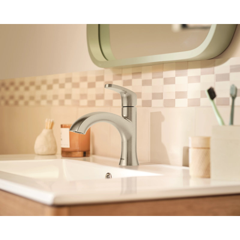 Robinet de salle de bain à poignée simple Moen Karis avec drain rétractable, plaque de pont incluse, Nickel
