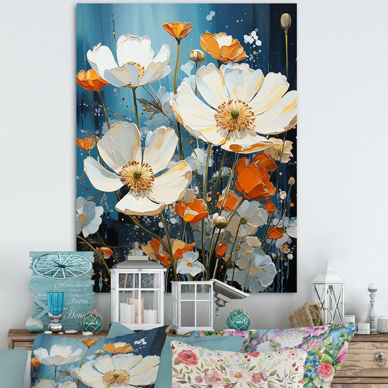 Collage de renoncules bleus et blancs - imprimé, 32" H x 16" W, Toile tendue