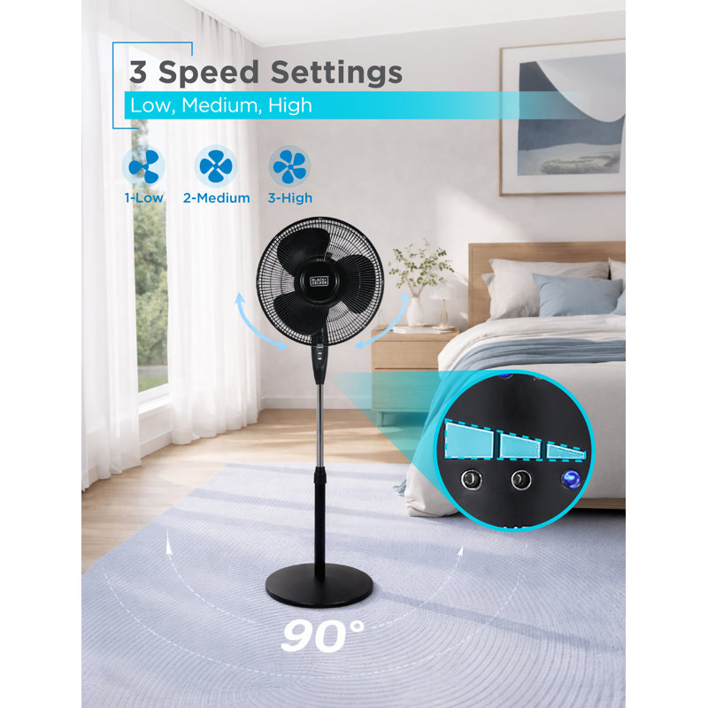 BFP Series BLACK+DECKER Adjustable Oscillating Fan, 3 Speed Settings with LED Control Panel, Fan with Pedestal, Black