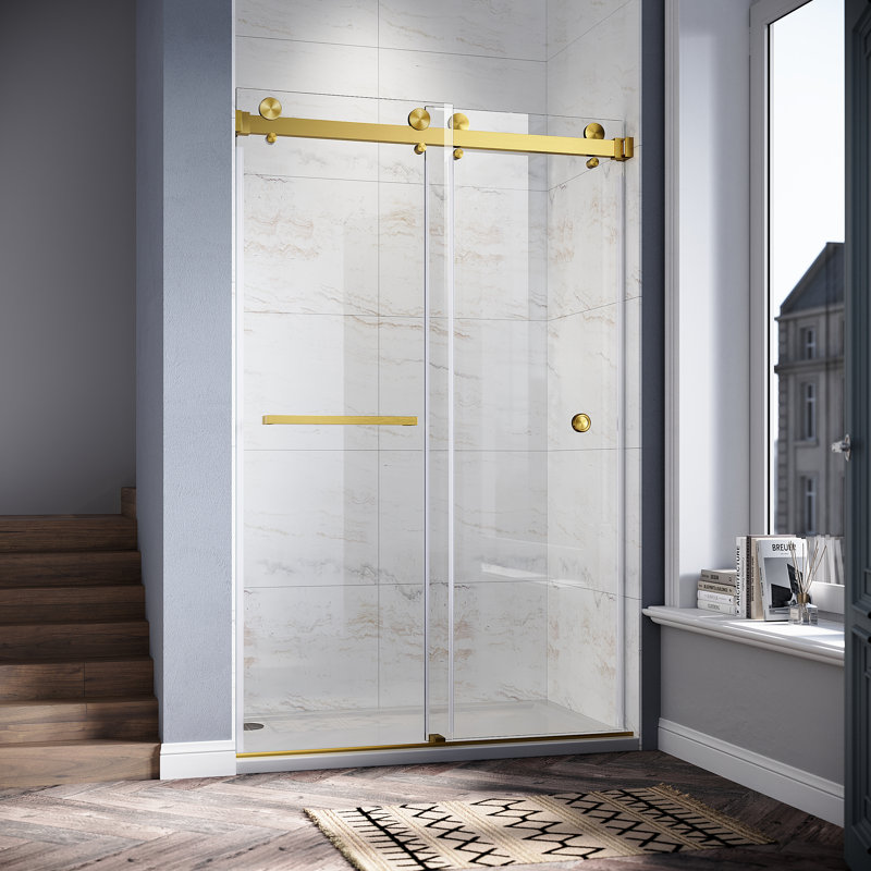 UKD01 46 to 49 in. x 76 in. H Frameless Double Sliding Shower Door with 3/8 in. (10mm) Clear Glass , Satin Brass