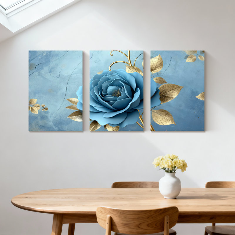Pivoine, rose bleue avec motif de feuilles d'or, ensemble de 3 impressions sur toile, H 24 po x l 48 po