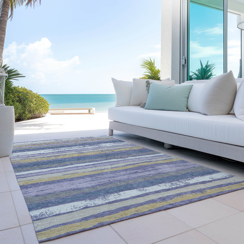 Purple and Beige Striped Synthetic Washable Rug