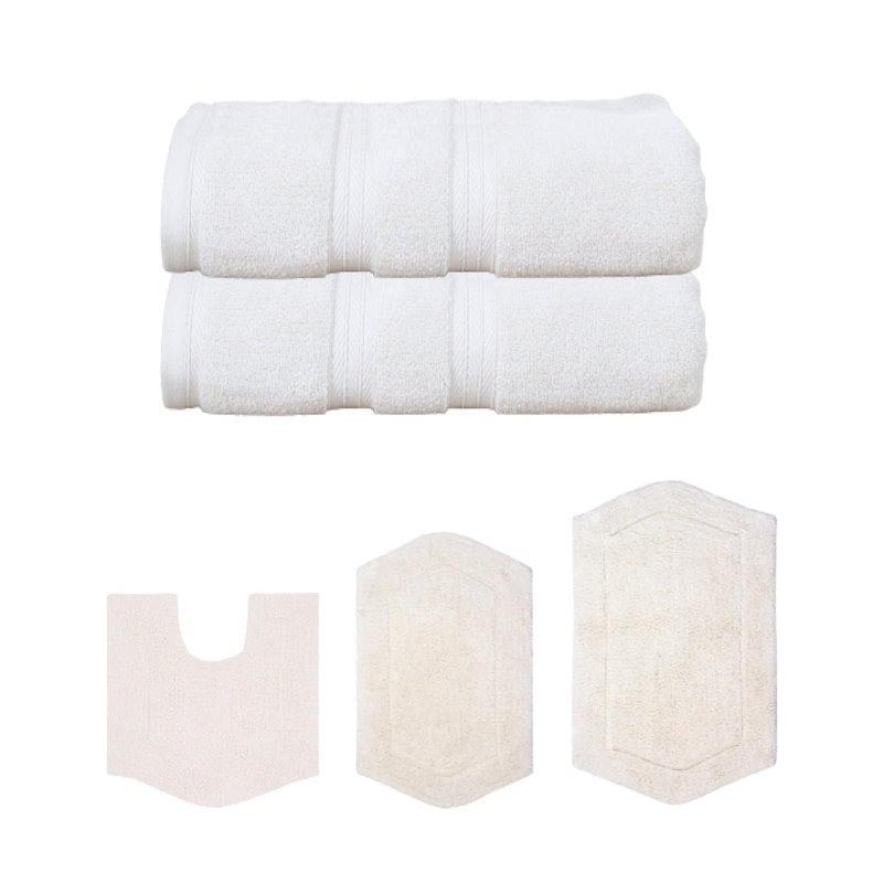 Bryd Collection 100% Soft Cotton 2 Pc Bath Towel Set & 3 Pc Bath Rug Set, (Set of 5), Ivory