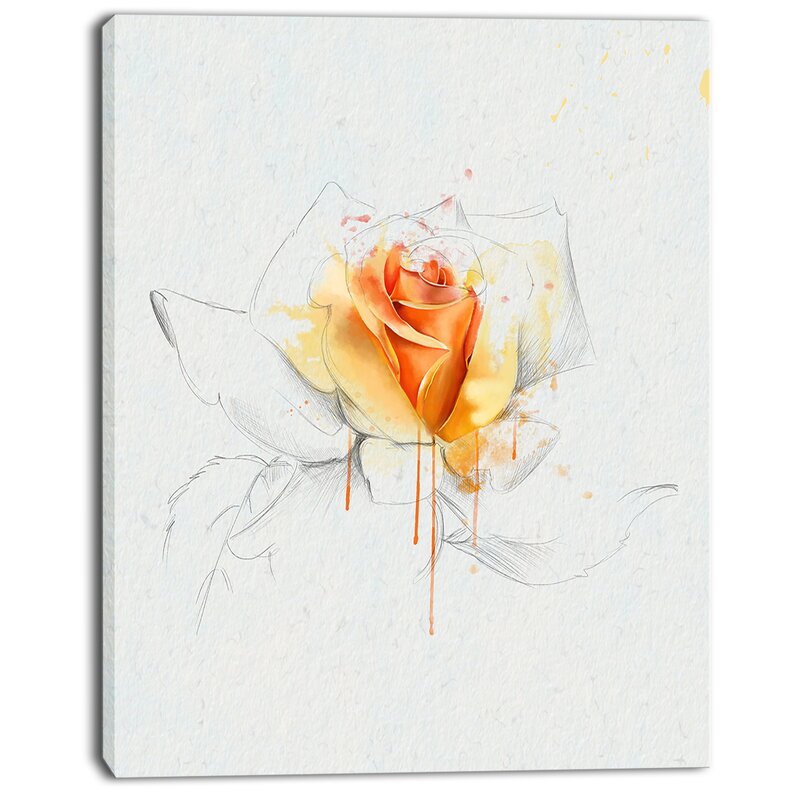 DesignArt Yellow Rose Sketch On White Back On Canvas Print | Wayfair