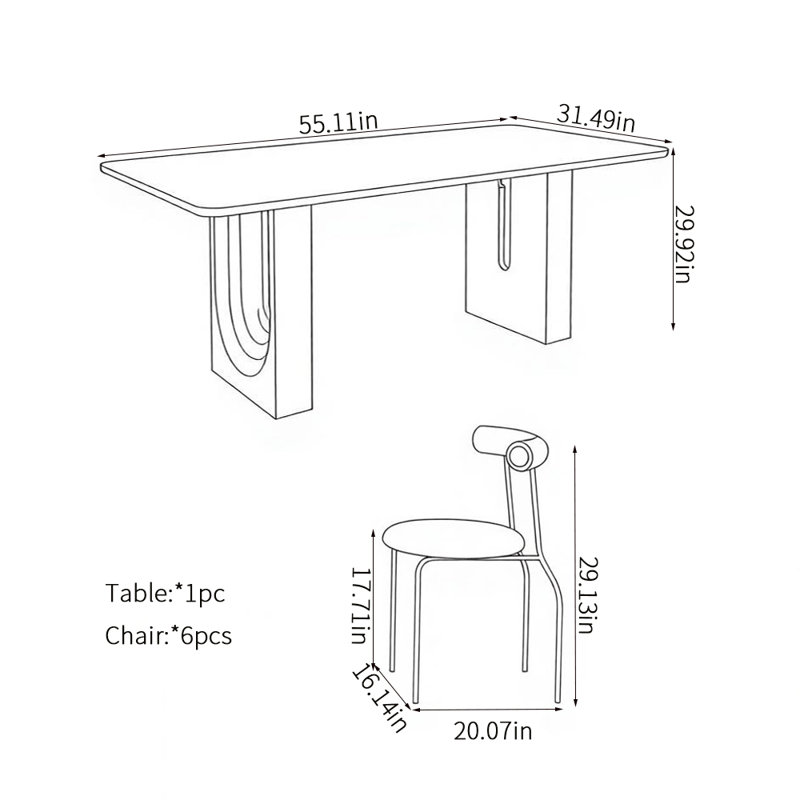 Ensemble de table de salle à manger Simple Modern, 7 pièces : table, 6 chaises, 30" H x 55" W x 31" D