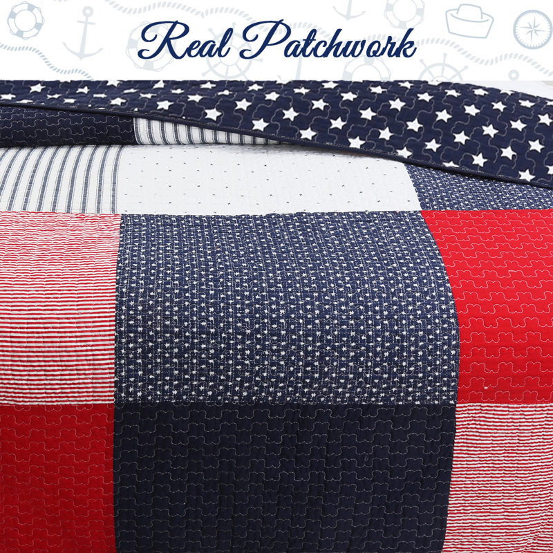 Patriotic Patchwork Red White and Blue Cotton Twin Quilt Set