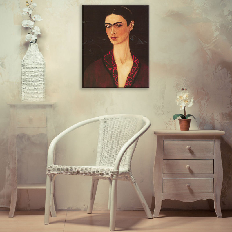Autoportrait avec robe en velours par Frida Kahlo, toile tendue avec châssis, H 24 po x l 17 po