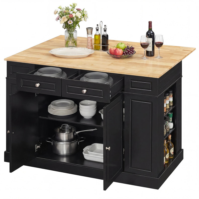 Skylaar 48 " W Kitchen Island with Solid Wood Top, Black