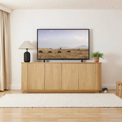 Buffet 64 pouces en bois naturel avec motif à vagues - Meuble télé moderne pour salon, cuisine, chambre à coucher et entrée | Panneaux courbés et portes à ressorts