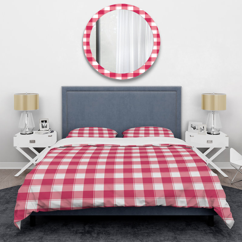 Checked Tartan - Abstract Duvet Cover Set - Microfiber Polyester, Full/Queen Duvet Cover + 2 Standard Shams, Red/White