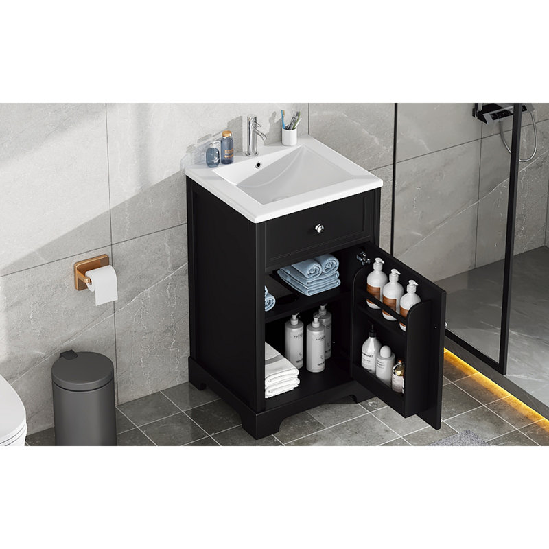 Meuble-lavabo de 20 po avec lavabo, armoire de salle de bain avec porte à fermeture douce, support de rangement et tablette réglable