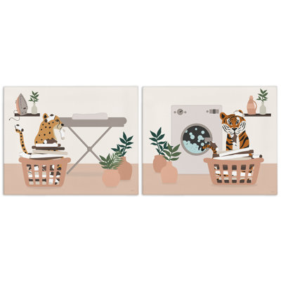 Ensemble de 2 reproductions d'art sur toile Wild Jungle Cats & Laundry, par Natalie Carpentieri
