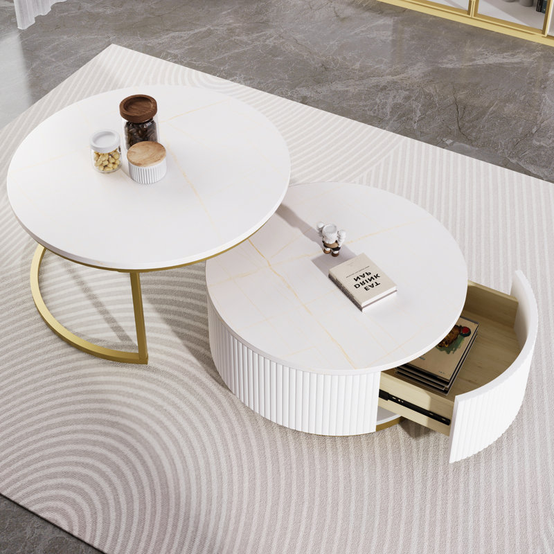 Modern Round Nesting Coffee Table Fluted With Drawer, White, 15.7" H x 31.5" L x 31.5" W