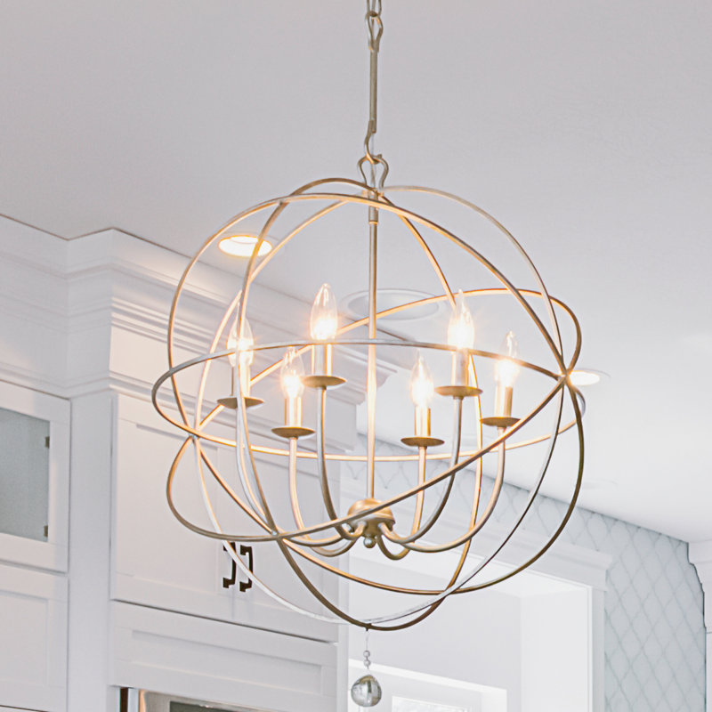 Lustre spectaculaire de style globe à 6 lumières avec détails en verre soufflé à la main Jayden, Argent d'antan