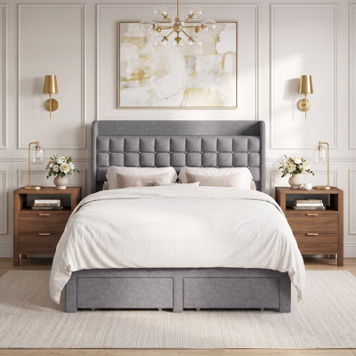 Chrisha Bedroom Set: Upholstered Tufted Storage Platform Bed With 2 Foot Drawers & Storage Headboard + 2-Drawer Nightstand With Open Shelf